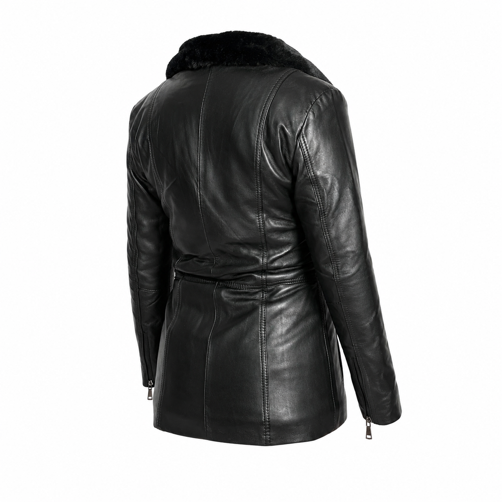 Chamarra en piel genuina de ovino para dama con pelo textil.