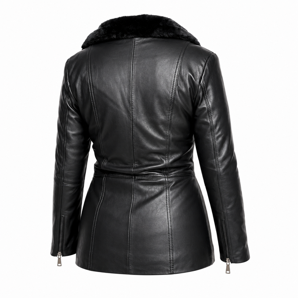 Chamarra en piel genuina de ovino para dama con pelo textil.