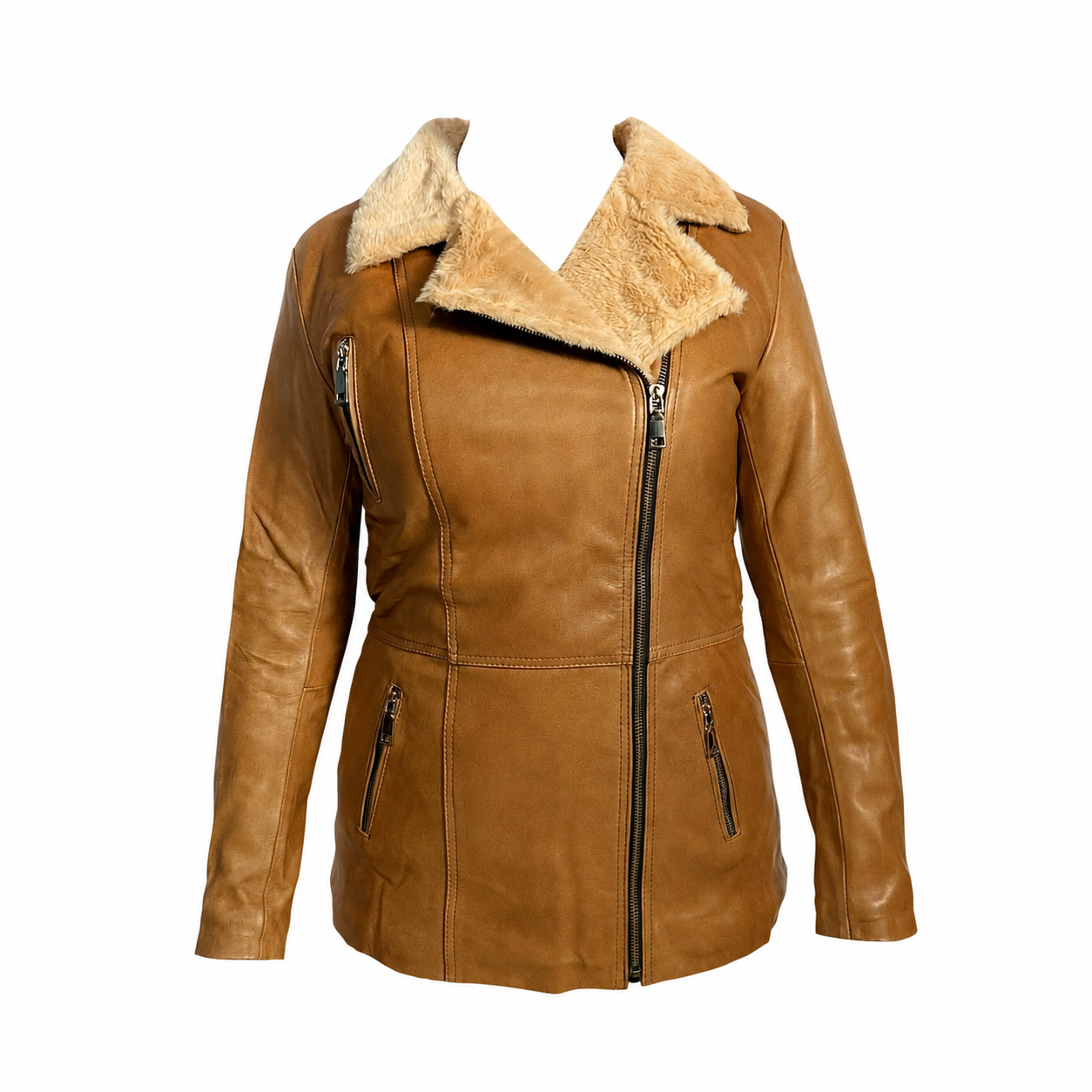 Chamarra en piel genuina de ovino para dama con pelo textil.