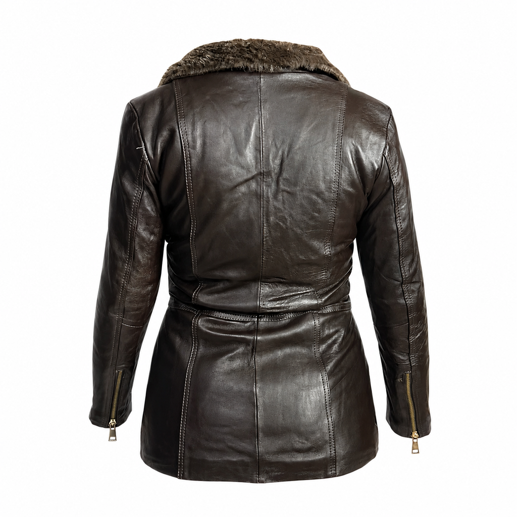 Chamarra en piel genuina de ovino para dama con pelo textil.
